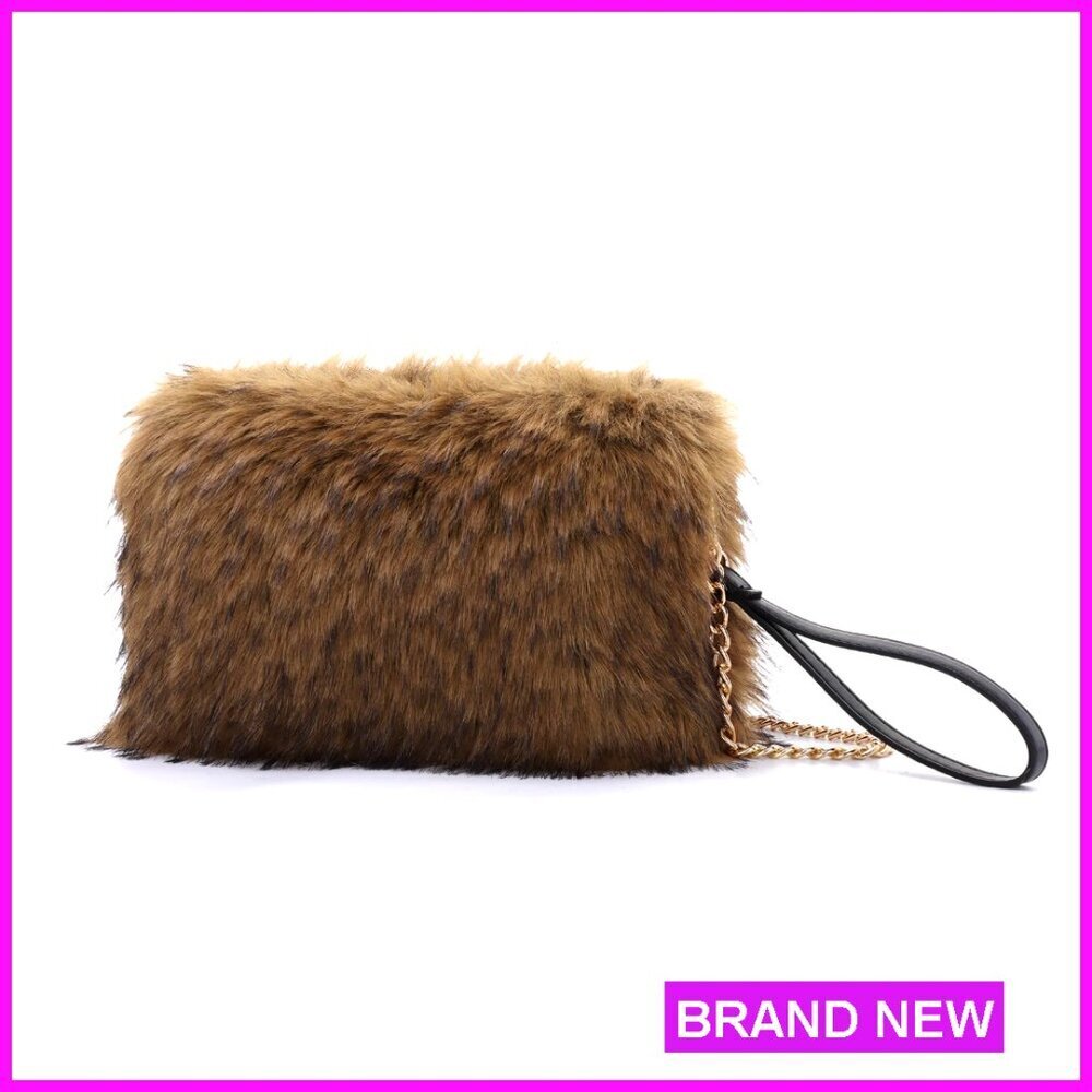 Faux Fur Evening Clutch with Detachable Chain, Wristlet Handbag